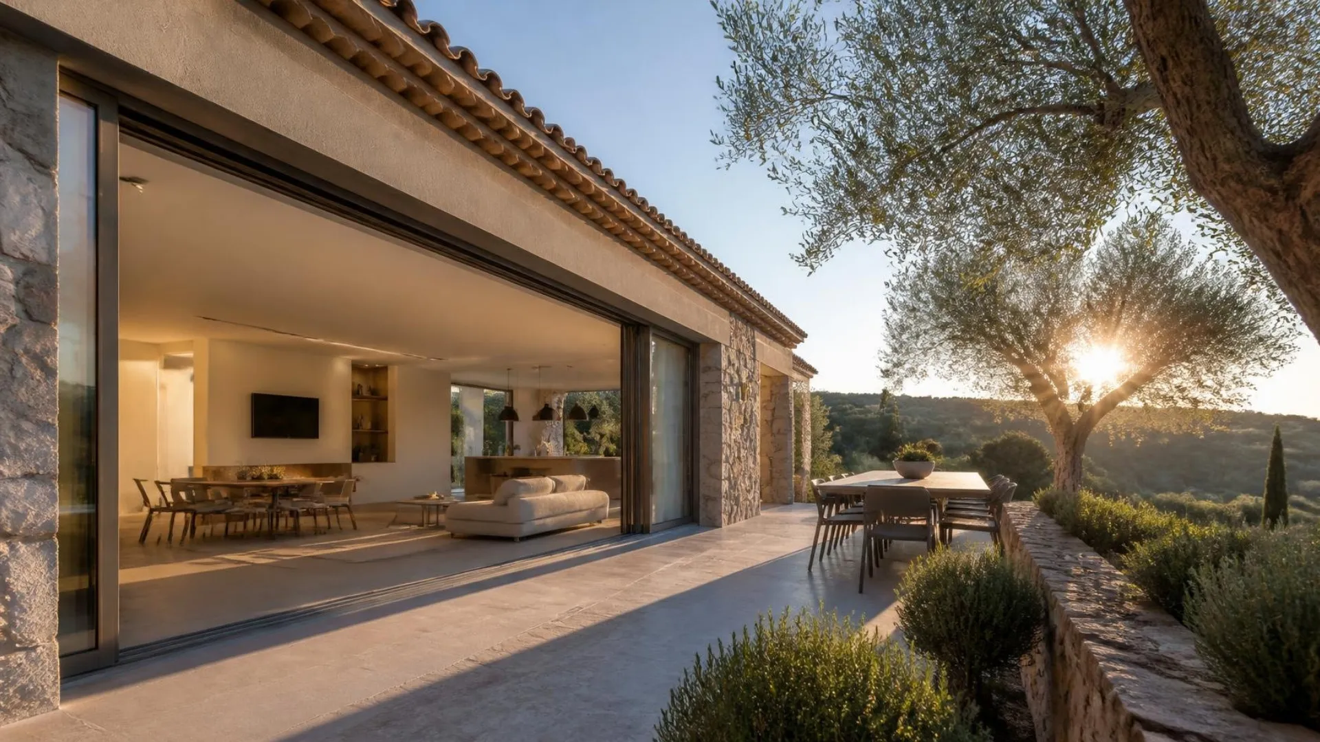 Maison ouverte sur sa terrasse par de grandes baies vitrées en aluminium